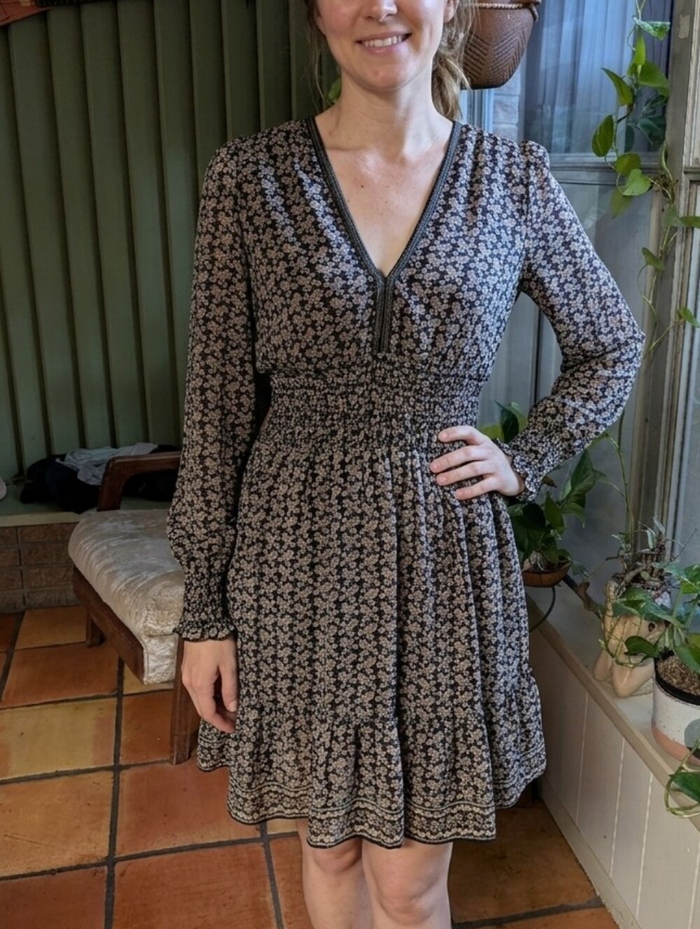 Max Studio Smocked Waist Long Sleeves Black Floral Dress.